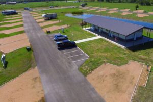 An aerial view of the main building at RV Parks College Station and RV Park Bryan Texas.