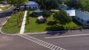 Aerial view of main building at Hardy's Resort RV Park in College Station, Texas.